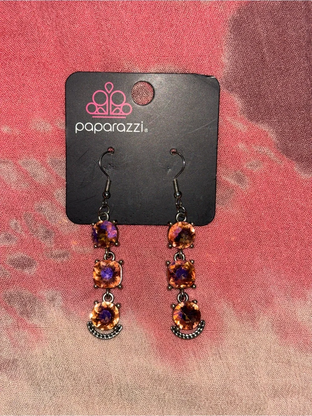 paparazzi Peach Iridescent Triple-Drop Crystal Earrings